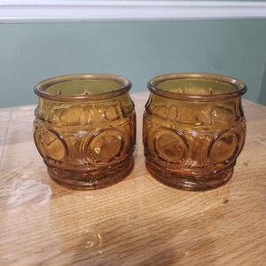 Wheaton Bullseye Amber Sugar Bowl Candle Votives 70s Vintage Pressed Glass